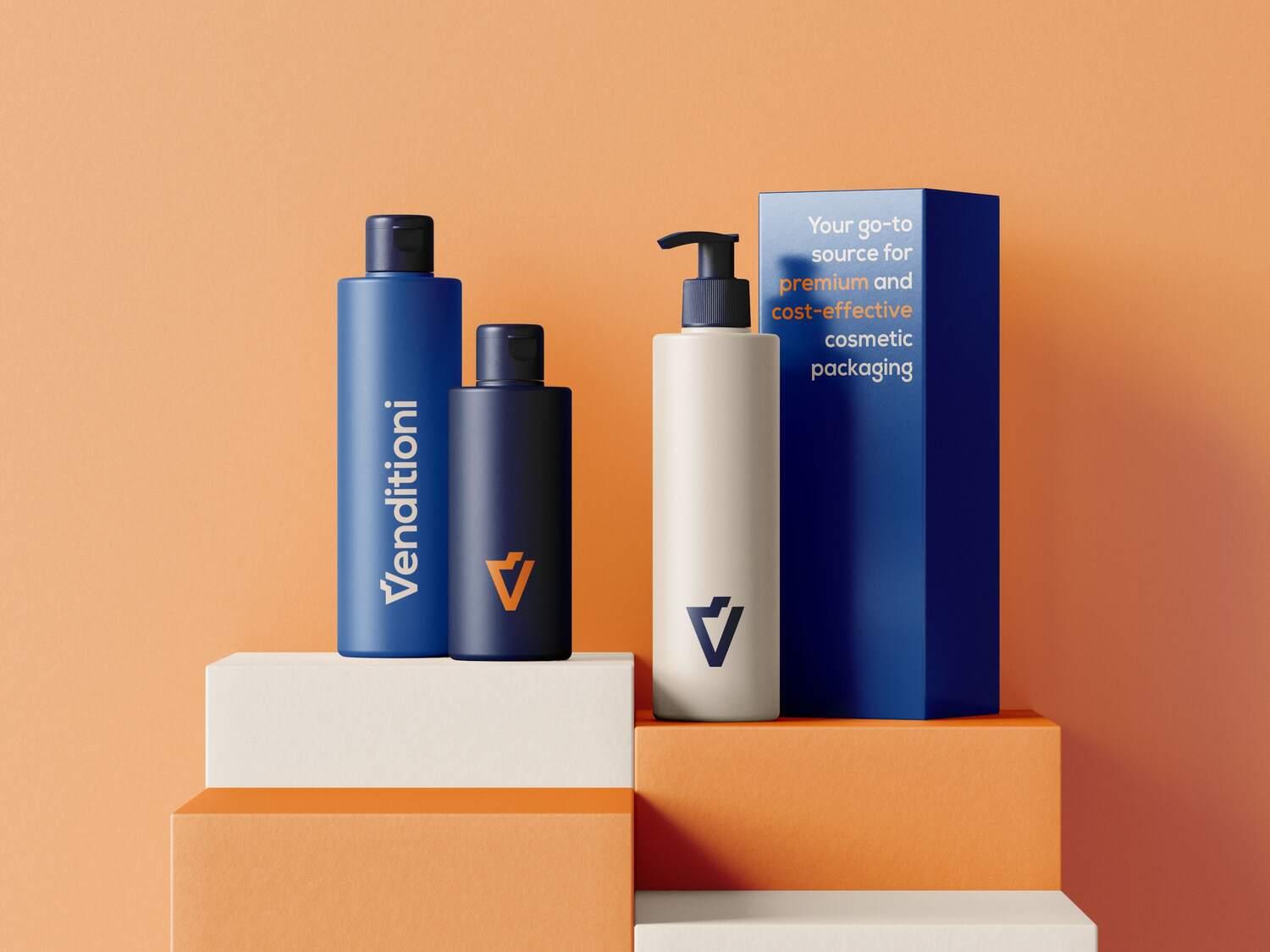 Three cosmetic bottles with different designs and closures displayed on orange and white blocks, showcasing Venditioni premium packaging solutions.